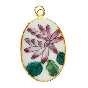Vintage Porcelain Floral Oval Pottery Shard Pendant Pink Green Gold Tone Jewelry